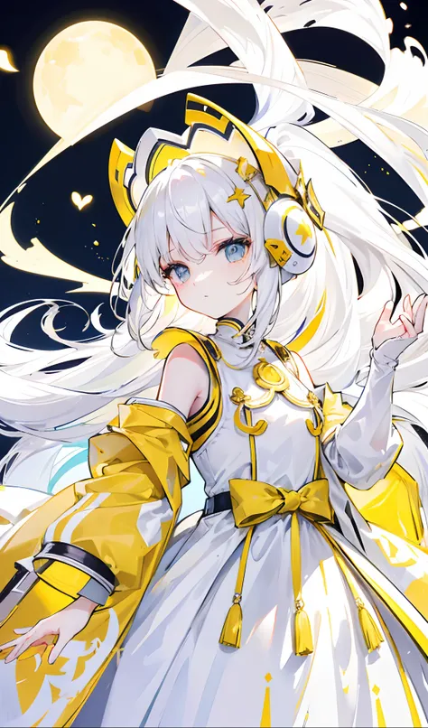 Yellow-white hair covered her long face like a helmet，Make his long face look like a small one，Lovely white clothes，It complements a variety of shades of yellow，There is a delicate makeup，shining face，Feel like a sweet girl