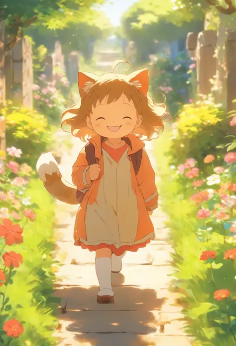 5-year-old girl is smiling, walking on the garden path, A round-eyed cat followed.