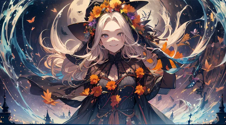 absurdres, highres, ultra detailed, (1girl:1.3) , Halloween witch, ((lovely smile)),wizard robes, wizard hat, Jack olantern, night, moon lighting,
BREAK, Halloween atmosphere,(half body image:1.5),
 , kaleidoscopic imagery, symmetrical patterns, vibrant co...