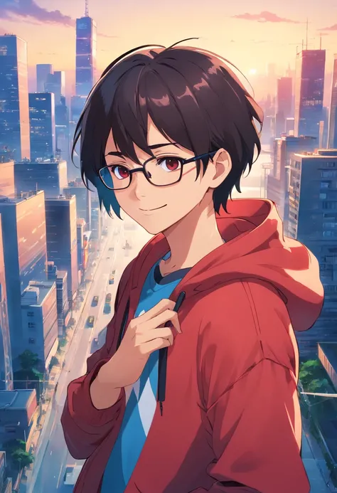 One man, round eyes, scar on left cheek, smiling, short black hair, wearing glasses, red hoodie shirt, blue half jeans, city in background, high quality –ar3:2 –niji