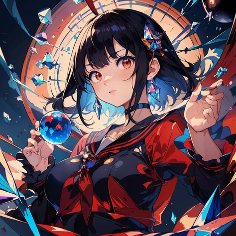 (masutepiece, Highest Quality), High resolution, (Illustration:1.3), Black hair, short-cut, 小柄, Colossal tits, (a sailor suit:1.1), Girl doing fortune telling, natta, starrysky, Large crystal balls floating around the body, Fantastic atmosphere, serious fa...