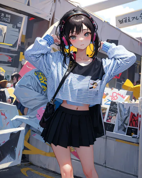 (Realistic painting style:1.0), Masterpiece, Best quality, absurderes, comic strip, illustration,
1 girl, Medium hair, Cute girl, young and cute girl, Korean girl, {Breasts}, 
A girl in a skirt and a striped shirt with headphones, On the road, Girl wearing...