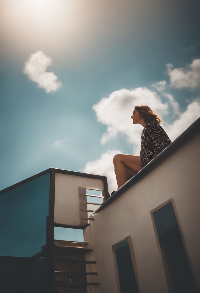 masterpiece, best quality, movie still, 1girl, floating in the sky, cloud girl, cloud, (close-up:1.1), bright, happy, fun, soft lighting, (Bauhaus, shapes, lines, abstract:1.1)