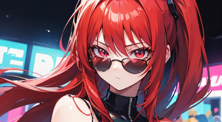 (best-quality:0.8), (best-quality:0.8), perfect anime illustration, extreme closeup portrait of a pretty woman with sunglasses, red hair, walking with a guy, at a nightclub, with neon lights