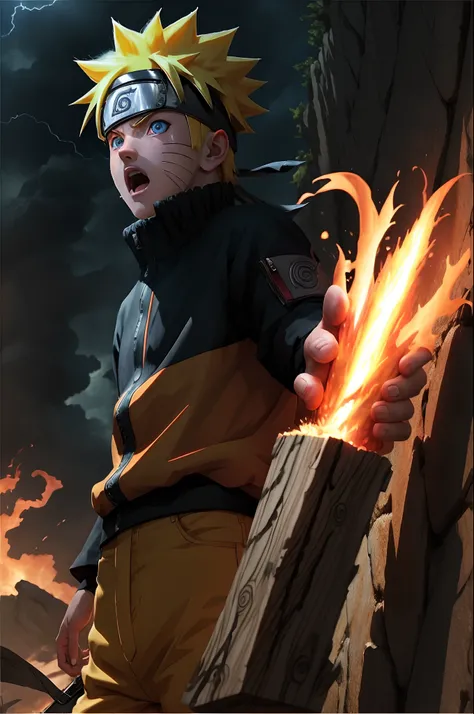 Naruto, 1boy, Lightning, brave, Open mouth, fire red eyes, fiery eyes