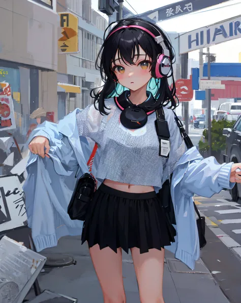 (Realistic painting style:1.0), Masterpiece, Best quality, absurderes, comic strip, illustration,
1 girl, Medium hair, Cute girl, young and cute girl, Korean girl, {Breasts}, 
A girl in a skirt and a striped shirt with headphones, On the road, Girl wearing...