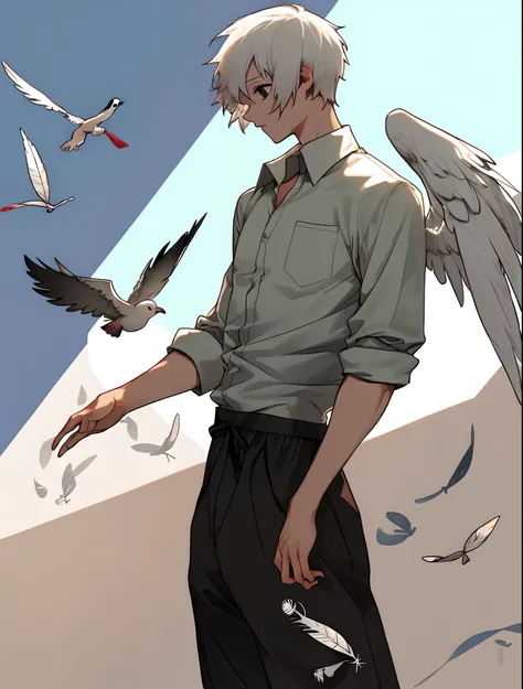 white  hair　short-hair　male people　wingspan　Y shirt　dove　feather