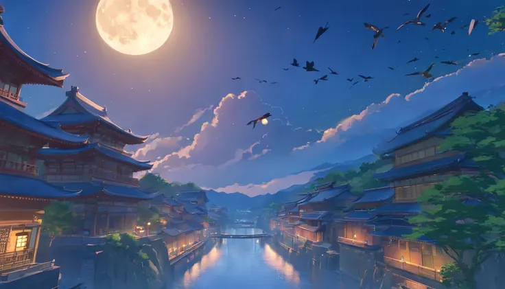 east asian architecture,scenery,Moon,sky,Flying birds,waterfallr,Outdoors,(Masterpiece, Best quality, Very detailed CG, Complex details: 1.2)