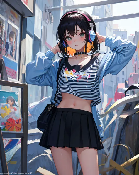 (Realistic painting style:1.0), Masterpiece, Best quality, absurderes, comic strip, illustration,
1 girl, Medium hair, Cute girl, young and cute girl, Korean girl, {Breasts}, 
A girl in a skirt and a striped shirt with headphones, On the road, Girl wearing...