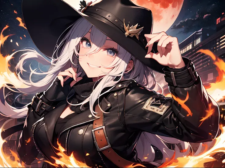 A high resolution, Ultra detailed, (1girll:1.3) , full bodyesbian，sexy lady((Lovely smile)),whaite hair，Gemstone eyes，leather trenchcoat，Western cowboy, bounty hunter，cowboy hat, on a black horse, the night, The blood-red moon shines, West town atmosphere,...