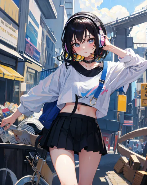 (Realistic painting style:1.0), Masterpiece, Best quality, absurderes, comic strip, illustration,
1 girl, Medium hair, Cute girl, young and cute girl, Korean girl, {Breasts}, 
A girl in a skirt and a striped shirt with headphones, On the road, Girl wearing...