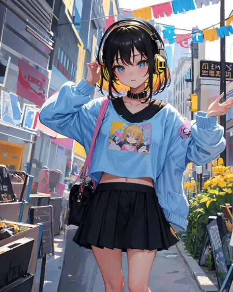 (Realistic painting style:1.0), Masterpiece, Best quality, absurderes, comic strip, illustration,
1 girl, Medium hair, Cute girl, young and cute girl, Korean girl, {Breasts}, 
A girl in a skirt and a striped shirt with headphones, On the road, Girl wearing...