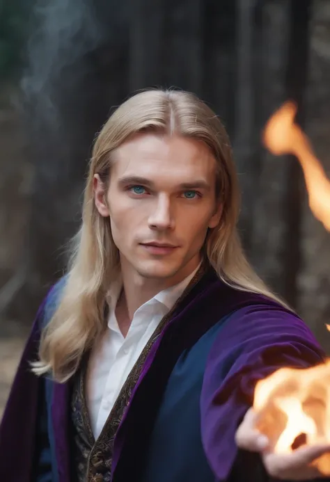 A magician with fire in his hands, Long blond hair flutters with magic, bright blue eyes, narrow face with cheekbones, purple cloak, white shirt black pants