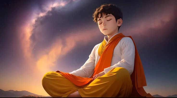 A boy meditating ,he dressed with orange pancha or cloth rounded , his background as  parshuramin whole sky with evolving energies