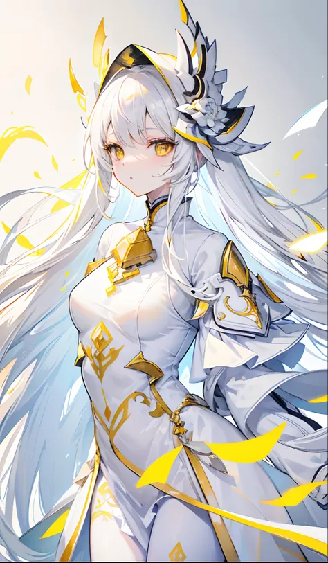 Yellow-white hair covered her long face like a helmet，Make his long face look like a small one，Lovely white clothes，It complements a variety of shades of yellow，There is a delicate makeup，shining face，Delicate brilliant yellow eyes，Feel like a sweet girl