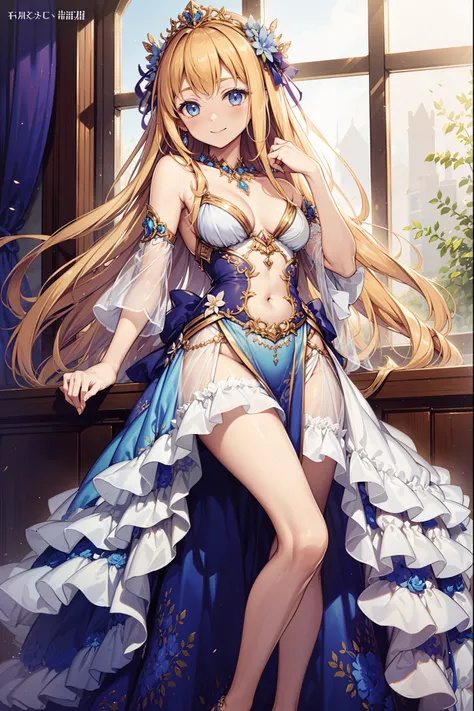 teens girl，Enchanted，divino，Being in love，Seductive pose，(Yellow and white princess dress:1.2)，blond hairbl，eBlue eyes，Maximalism，Multiple layers of delicate ruffles，Lots of lace，delicate accessories，Delicate pattern，(exquisite costumes:1.1)，Princess Crown...