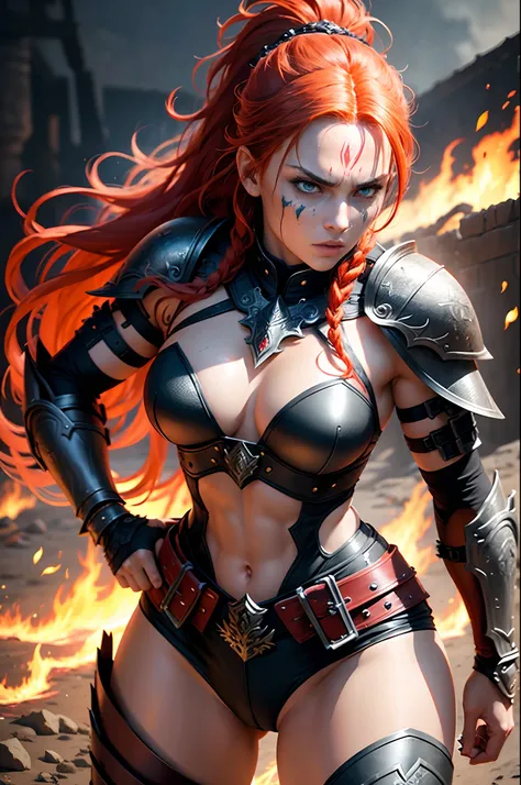 (best quality,4k,8k,highres,masterpiece:1.2),ultra-detailed,(realistic,photorealistic,photo-realistic:1.37),fierce redhead girl,beautiful detailed eyes,beautiful detailed lips,long red hair,tattoos all over her body,tattoos on her face,black leather armor,...