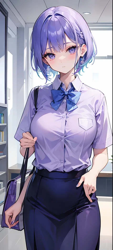 Light purple-blue hair，Crystal clear teacher uniforms，Beautiful female teacher with a fresh and fresh feeling