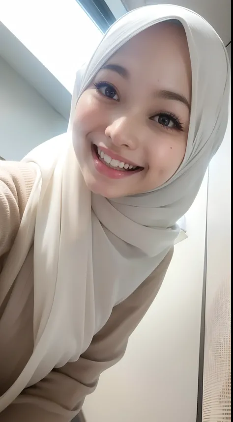 1 malay girl in white color hijab and naked, dynamic angle, soft laughter, unique appearance, naked, ((view from below looking up)), (look down at the camera and smile). Afternoon,