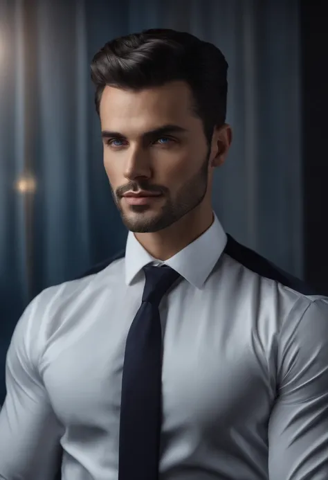 (professional man in stylish clothes), (no beard,) (blue eyes) (portrait) Handsome and serious appearance, dark blue hair, Elegant and elegant, and strong body very formal white shirt, (Picture realistic and high quality), ((Best quality, 8k, master piece)...