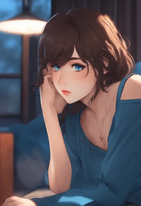 anime girl with blue shirt watching TV