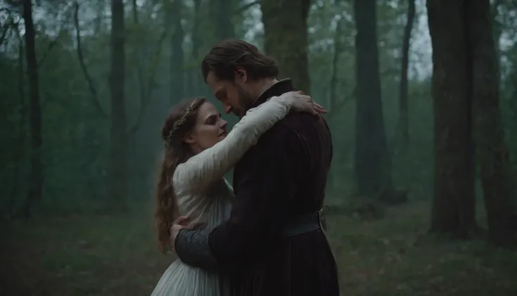 medieval Hungary, a medieval vampire-like man dances with a young beautiful girl in the forest at dark night beneath a large moon, eerie, mystical, cinematic scene from film