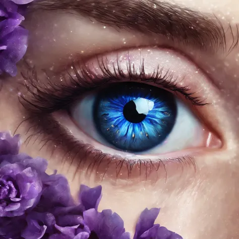 eye in the middle of a cloud of purple flower glitter, Volcano erupting with eye on top, tons de azul, arte digital inspirada em Cyril Rolando, surrealismo, Portrait of a giant eye in the smoke of a volcano, mystic eye, nuvem de fumo com um olho, surrealis...