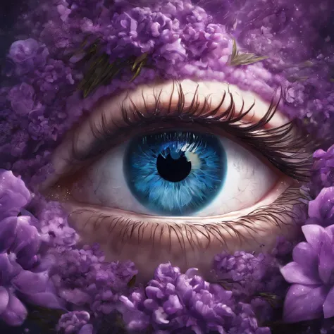 eye in the middle of a cloud of purple flower glitter, Volcano erupting with eye on top, tons de azul, arte digital inspirada em Cyril Rolando, surrealismo, Portrait of a giant eye in the smoke of a volcano, mystic eye, nuvem de fumo com um olho, surrealis...