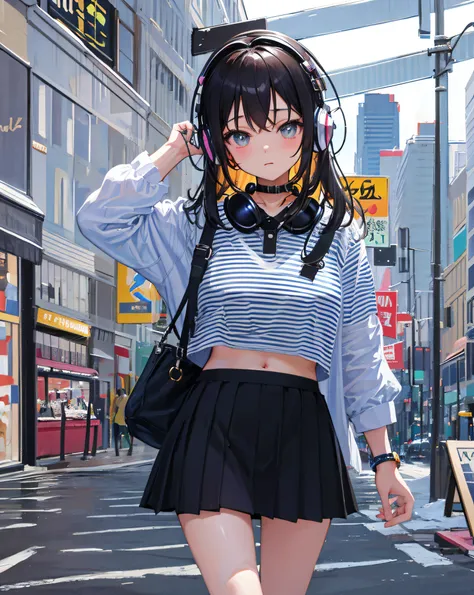 (Realistic painting style:1.0), Masterpiece, Best quality, absurderes, comic strip, illustration,
1 girl, Medium hair, Cute girl, young and cute girl, Korean girl, {Breasts}, 
A girl in a skirt and a striped shirt with headphones, On the road, Girl wearing...