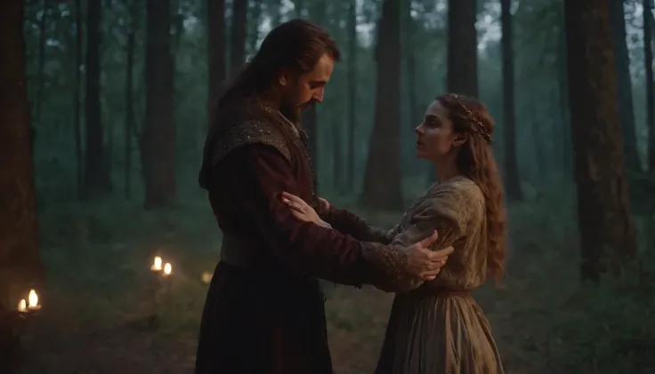 medieval Hungary, a medieval vampire-like man dances with a young beautiful girl in the forest at dark night beneath a large moon, eerie, mystical, cinematic scene from film