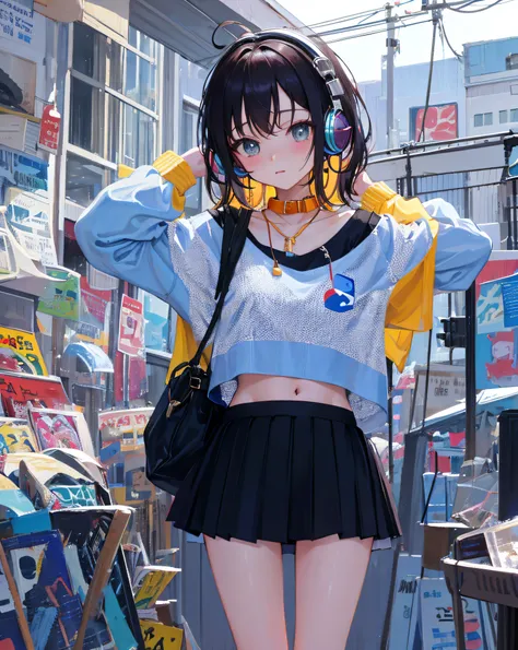 (Realistic painting style:1.0), Masterpiece, Best quality, absurderes, comic strip, illustration,
1 girl, Medium hair, Cute girl, young and cute girl, Korean girl, {Breasts}, 
A girl in a skirt and a striped shirt with headphones, On the road, Girl wearing...