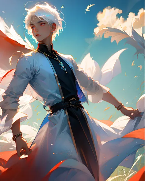 white  hair　light skinned　short-hair　male people　wingspan　Y shirt　　feather　　blue-sky　gradients　backs　spreading arms widely　pastels　gently　Red eyes