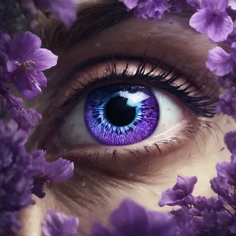 (purple wonderful eye pupil), (Masterpiece, Best quality:1.4), eye in the middle of a cloud of purple flower glitter, Volcano erupting with eye on top, tons de azul, arte digital inspirada em Cyril Rolando, surrealismo, Portrait of a giant eye in the smoke...