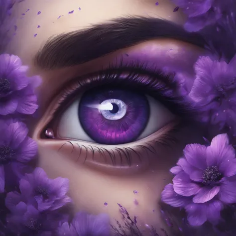 (purple wonderful eye pupil), (Masterpiece, Best quality:1.4), eye in the middle of a cloud of purple flower glitter, Volcano erupting with eye on top, tons de azul, arte digital inspirada em Cyril Rolando, surrealismo, Portrait of a giant eye in the smoke...