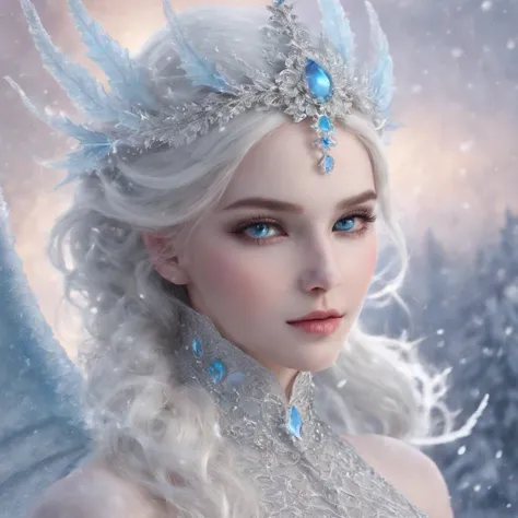 generate a celestial and colorful petite ice angel. her eyes should be beautifully detailed, extremely detailed, realistic, macro, and bright. her face should be fierce and dynamic. She should have soft, full lips and an arched nose. Her face should have h...