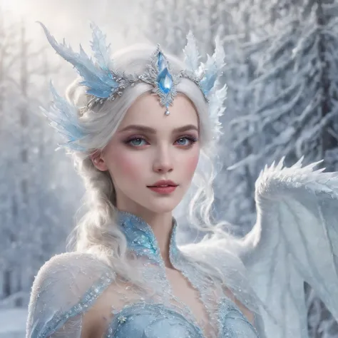 generate a celestial and colorful petite ice angel. her eyes should be beautifully detailed, extremely detailed, realistic, macro, and bright. her face should be fierce and dynamic. She should have soft, full lips and an arched nose. Her face should have h...