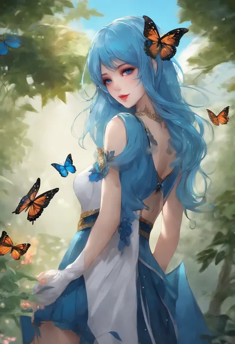 anime girl with blue hairs and a butterfly theme costume