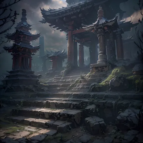 Japanese shrine in ruines, forest, 1 deer standing stairs, columns, cinematic, detailed, atmospheric, epic, concept art, Matte painting, background, mist, photo-realistic, concept art, volumetric light, cinematic epic + rule of thirds octane render, 8k, co...