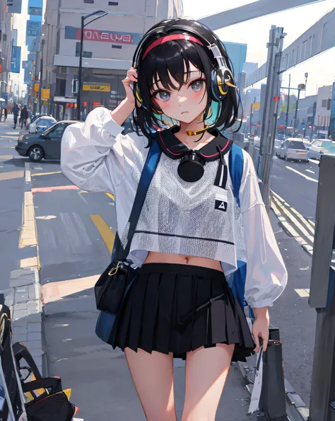 (Realistic painting style:1.0), Masterpiece, Best quality, absurderes, comic strip, illustration,
1 girl, Medium hair, Cute girl, young and cute girl, Korean girl, {Breasts}, 
A girl in a skirt and a striped shirt with headphones, On the road, Girl wearing...