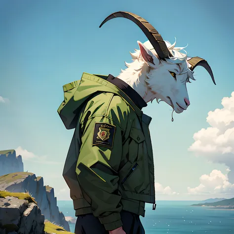 Goat-headed man, long upright horns, camo green jacket, standing on top of mountain, side view, alone, ocean, close up, focus shot