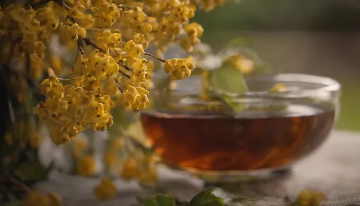 sweet osmanthus,Winemaking，beverage，Early morning daylight，Refreshed，ice cubes，Medium exposure，Laurel branches