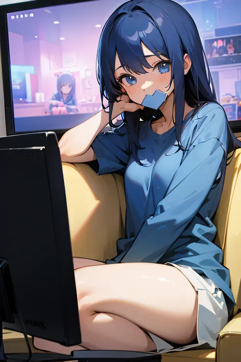 Anime girl on blue shirt watching TV