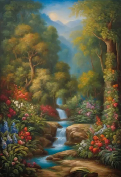 oil painting inspired by the bible, imagine the garden of eden, in the vision of the painter Leonardo da Vinci, impasto oil painting