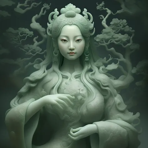 wu gongnuan china artist jade figurine, dreamlike visionary, digital illustration, rococo-inspired details, serene faces, green, realistic hyper-detailed rendering