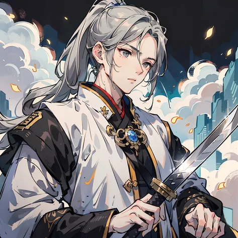 Masterpiece, Excellent, Daytime, 1 Man, Chinese Style, Ancient China, high mountains, Eagle, black Hair, Gray Eyes, Split Hair, Long Hair, Long Bangs, High Ponytail, Handsome, Serious, stoic, Tall, Quiet, Light Clothes, white-silver Clothes, silver ice Clo...