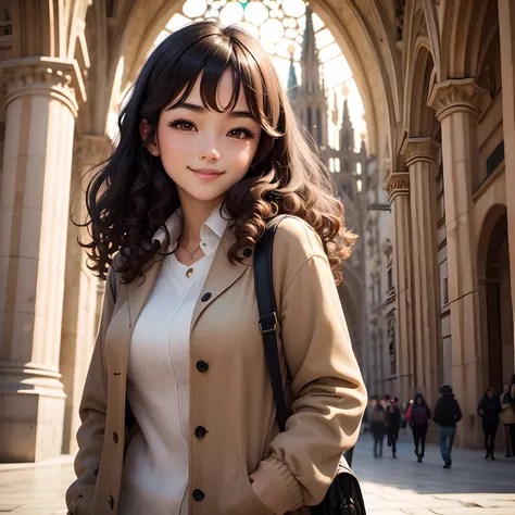 Italian Chinese girl with brown curly hair smiling confidently in front of Sagrada Familia