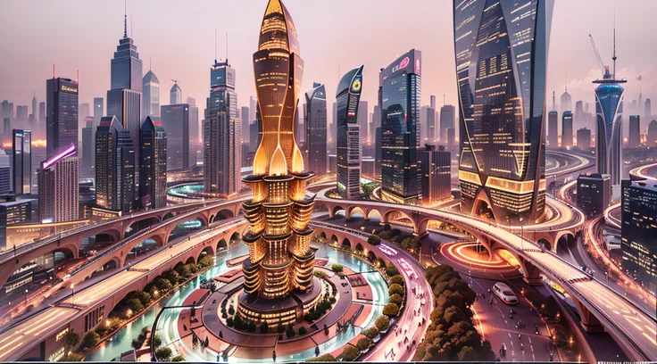 Enter a fascinating vision of the future through captivating futuristic images of the city of Shanghai. The towering giant skyscraper is decorated with gold ornaments and a smooth glass curtain wall，pierce the sky, The vibrant lights of the city that never...