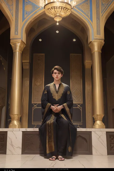 Year: 11th century. Location: Isfahan. Pre-raphaelite scene with a 21-year-old english man, with a black caftan, in a luxurious marble palace, ((pleading for mercy)) in front of the throne, audience with the king, ((look of wonder)), ((((11th century plain...