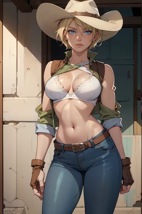 1girl, cowboy hat, white bra, green vest, no sleeve, navel, blue jeans, brown boots, fingerless gloves, short hair, blonde hair, parted bangs, blue eyes, mole under right eye, american old west, best quality, masterpiece