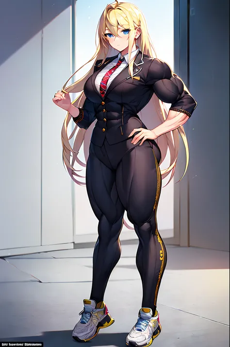 ((masterpiece)), (((best quality))), ((ultra-detailed)), ((illustration)), ((long hair)), ((1 girl)), (solo), full body, (((muscular:1.2))), beautiful detailed eyes, hairs between eyes, ((medium breasts)), detailed clothes, ((blonde hair)), blue eyes, ahog...